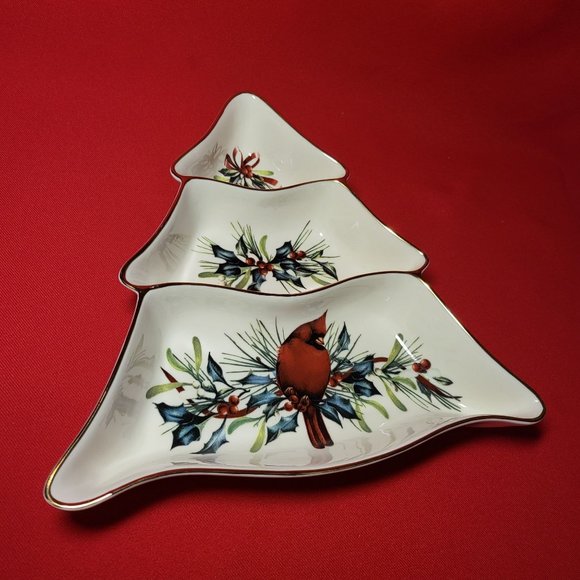 Lenox Winter Greetings Tree Divided Server Red Cardinal with Holly Gold Trim 199 - Picture 7 of 12